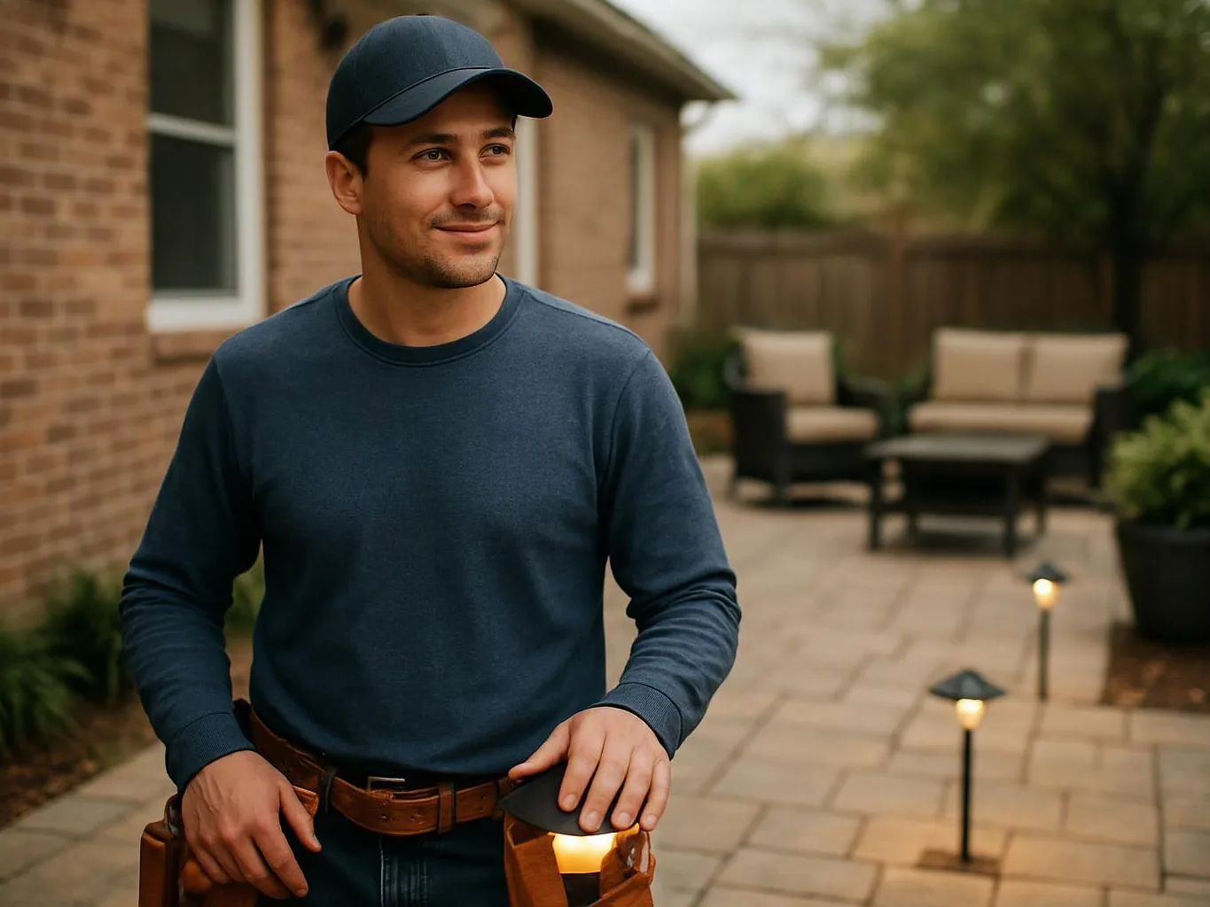 A man in a cap stands in a backyard patio, with outdoor chairs and small path lights behind him