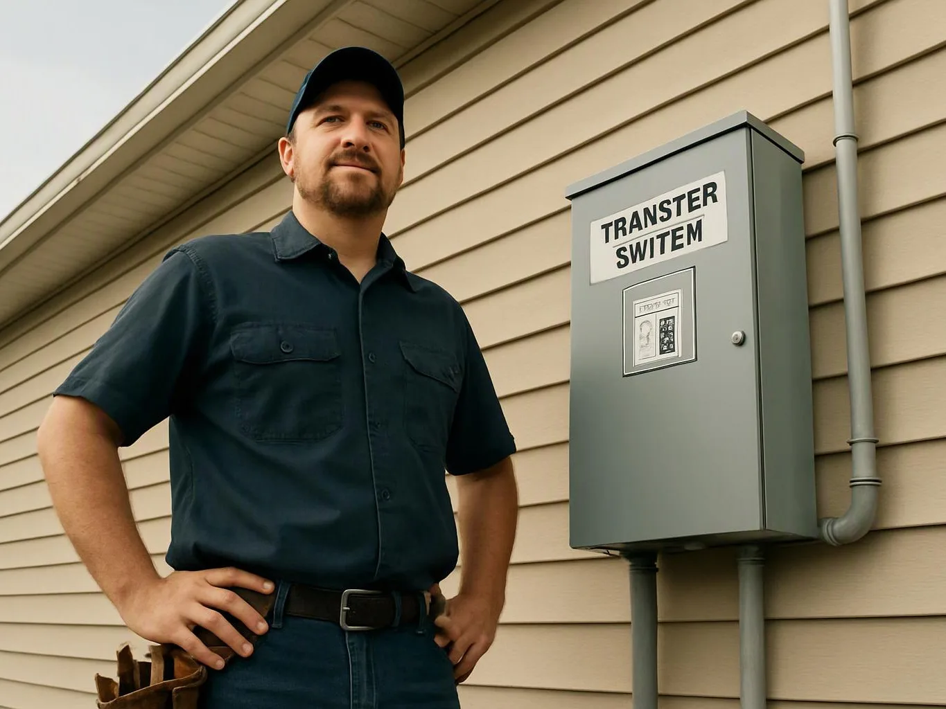 A man in a cap stands beside a gray electrical box labeled “TRANSFER SWITEM” on a house wall