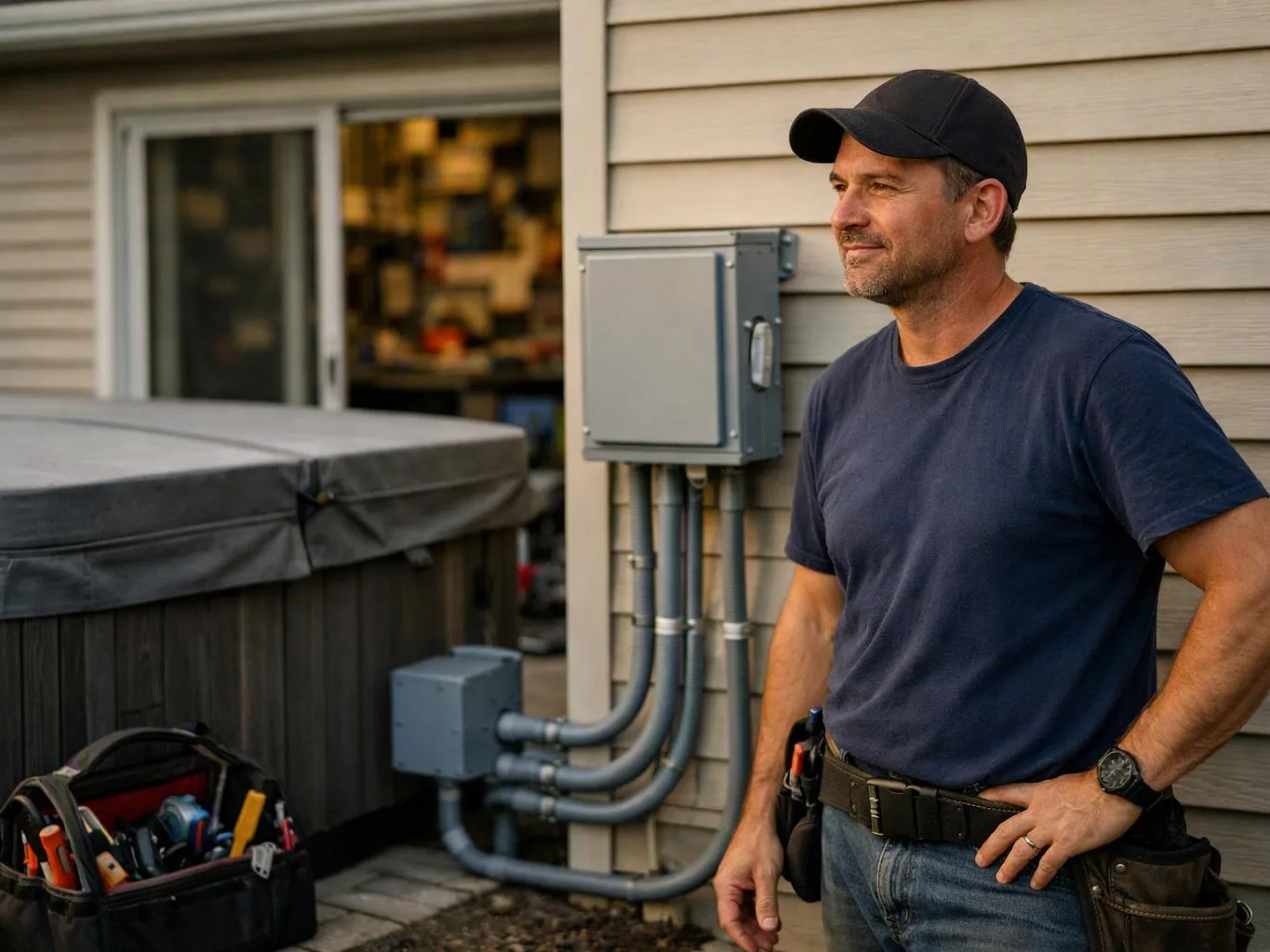A man in a cap stands beside house siding, hot tub equipment, and a toolbox in a backyard