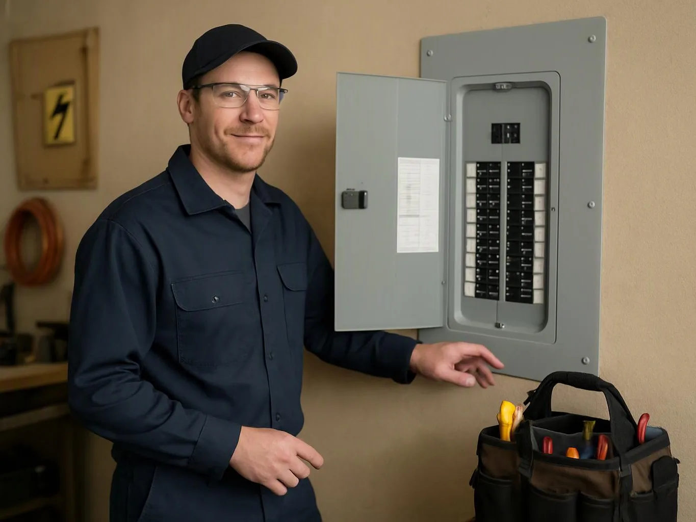 A man in a cap stands by an open electrical breaker panel, holding a tool bag in a plain indoor hallway