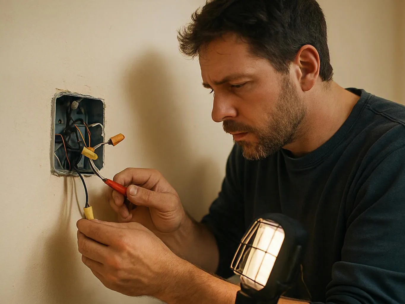 A man carefully checks exposed electrical wires in a wall opening while holding a work light