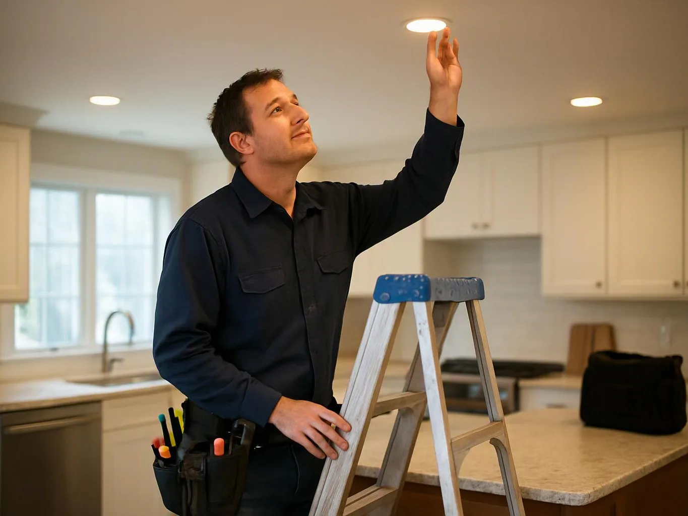 A man in a dark shirt checks a ceiling light while standing on a ladder in a kitchen