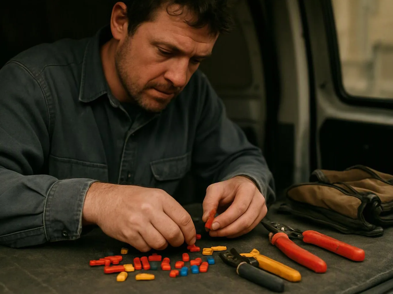 A man in a dark shirt sorts small colored pieces on a table beside pliers and a tool bag