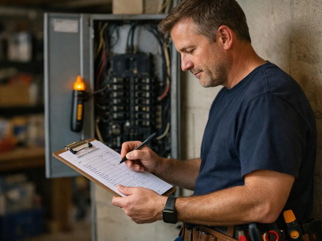 A man in a dark shirt writes on a clipboard beside an open electrical panel in a workshop