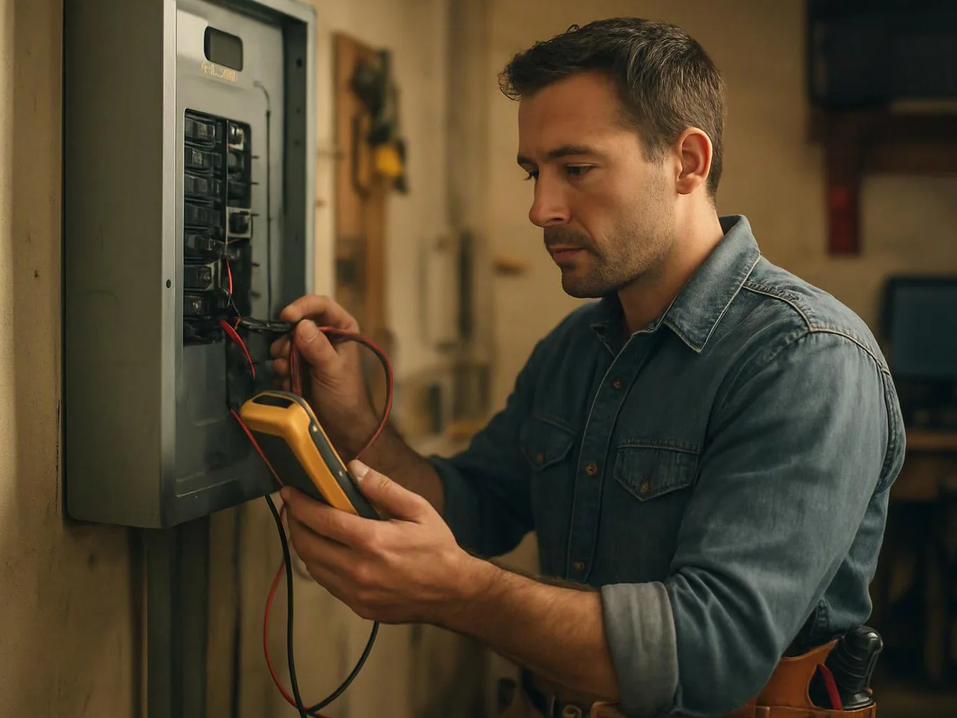 A man in a denim shirt tests wiring inside an electrical breaker panel with a multimeter in a workshop