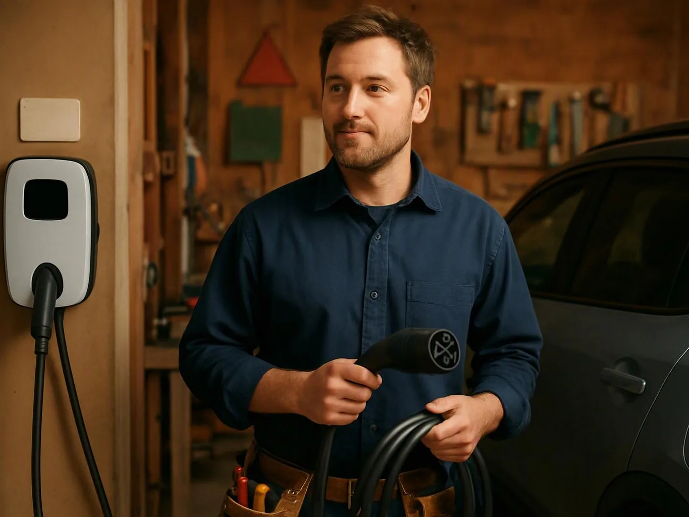 A man in a garage holds an electric car charging cable beside a wall charger and a parked car