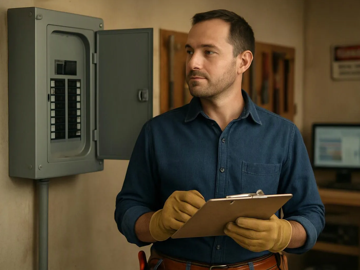 A man in gloves stands by an open electrical panel, holding a clipboard in a room with monitors in the background