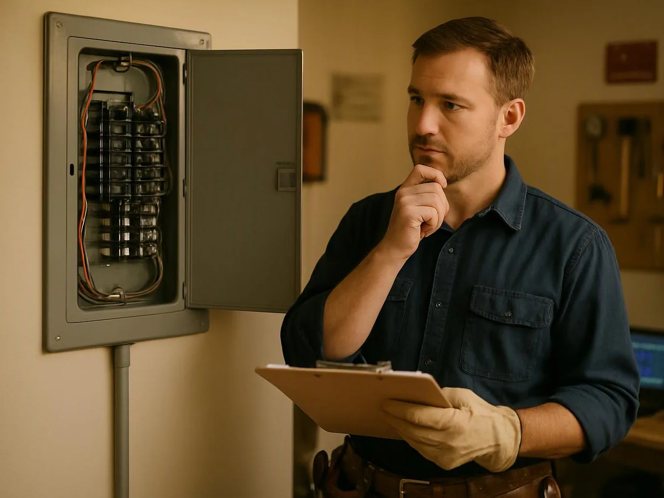 A man in gloves studies an open electrical breaker panel while holding a clipboard indoors