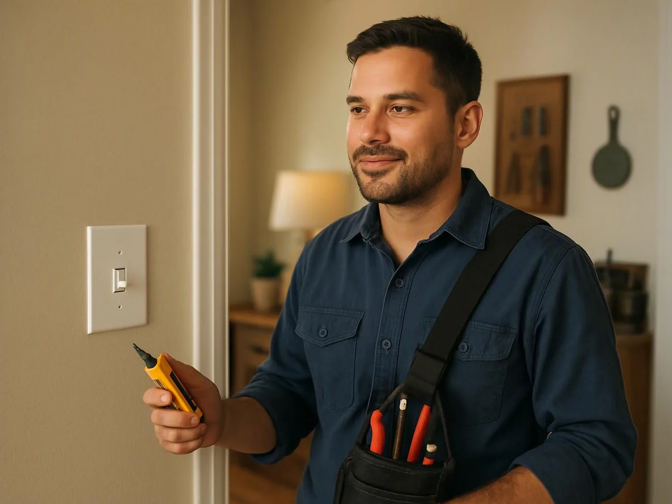 A man holding a utility knife stands by a light switch in a home interior