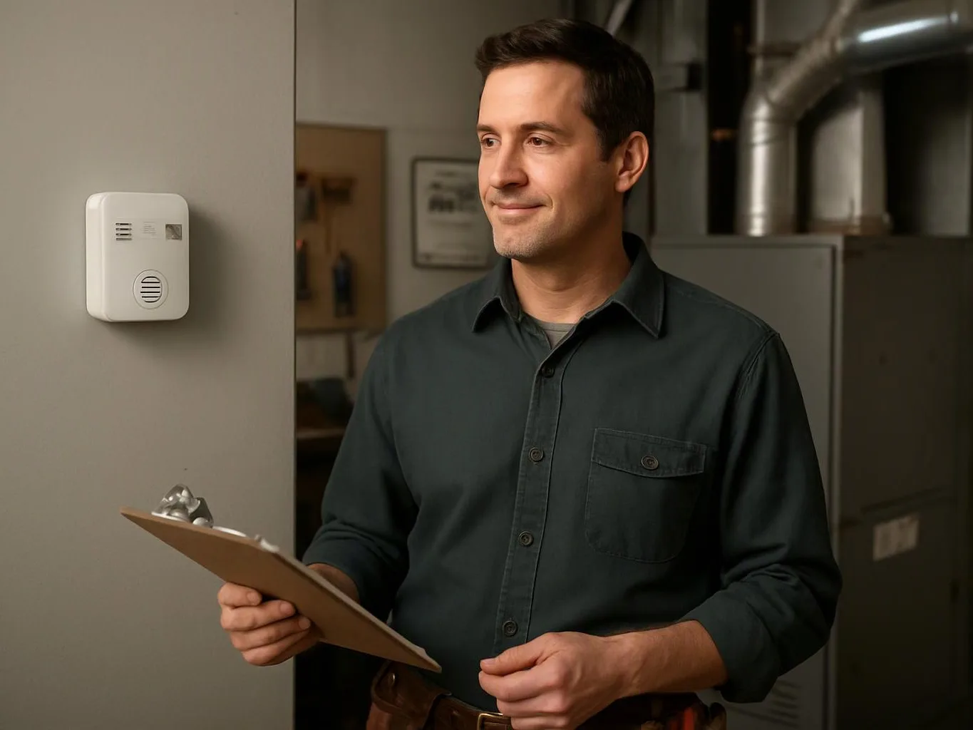 A man holds a clipboard beside a wall-mounted alarm in a utility room