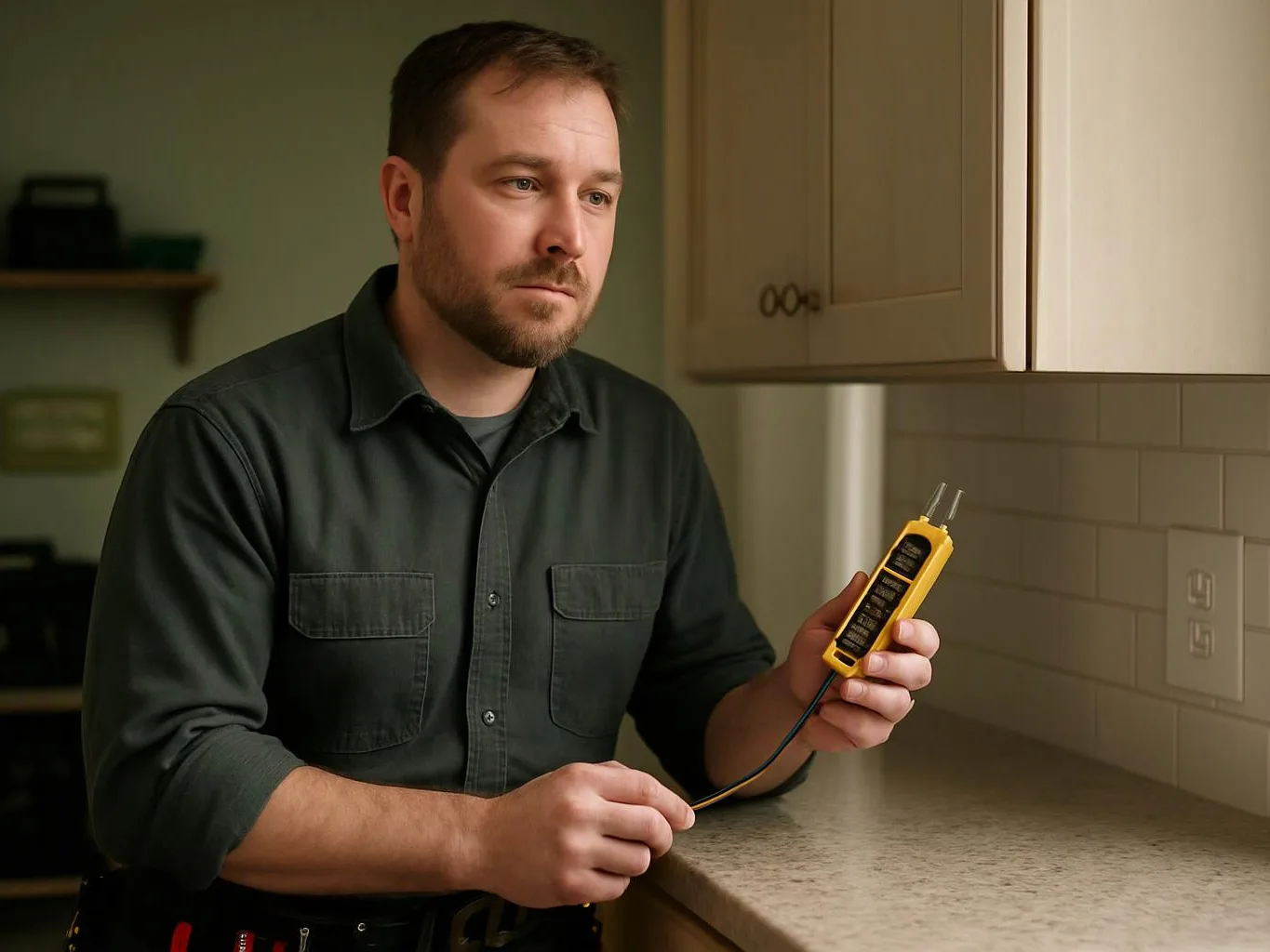 A man holds a yellow electrical tester in a kitchen and looks toward the counter by the cabinets