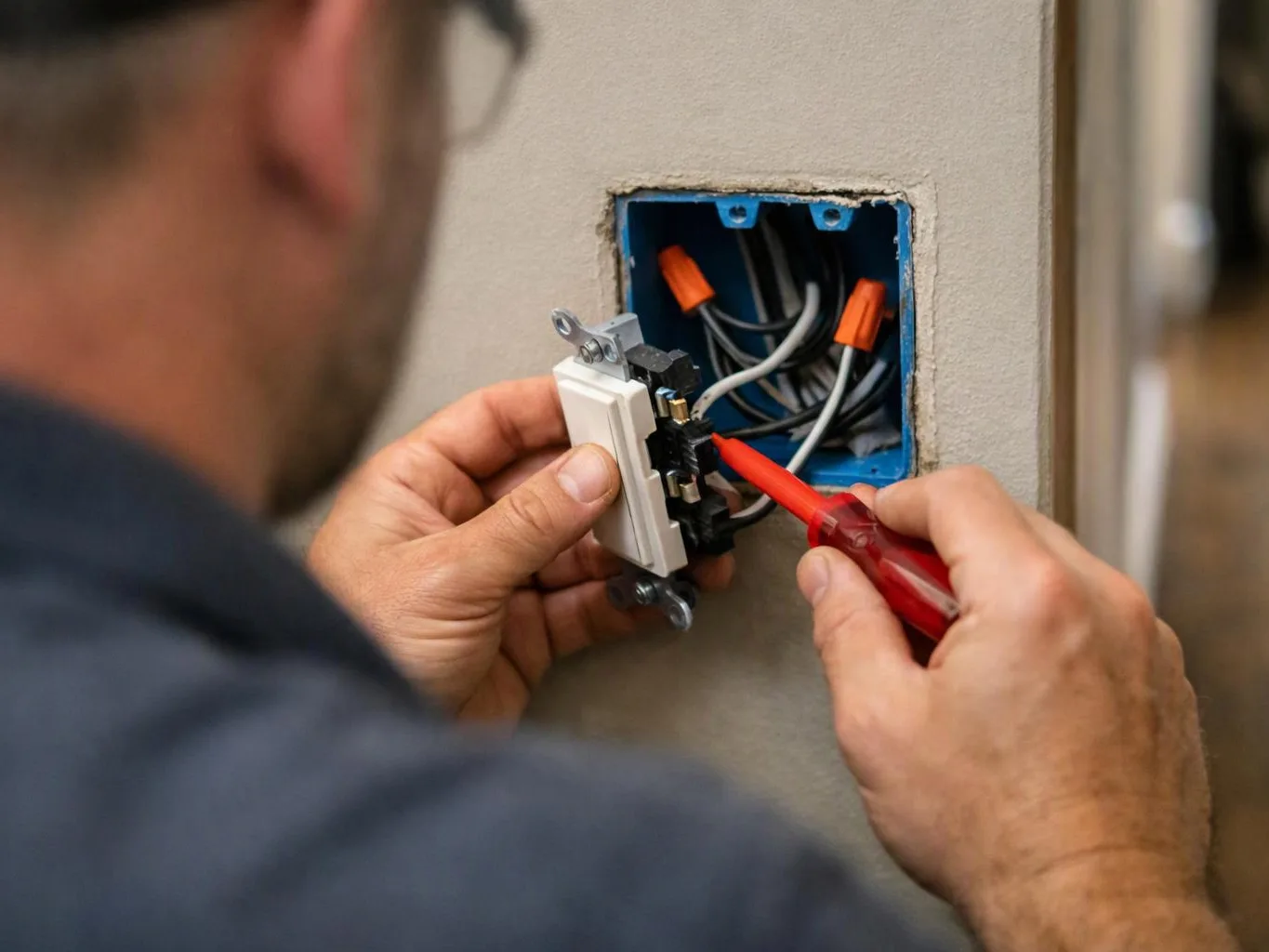 A man installs a wall switch and checks exposed wires in a blue electrical box