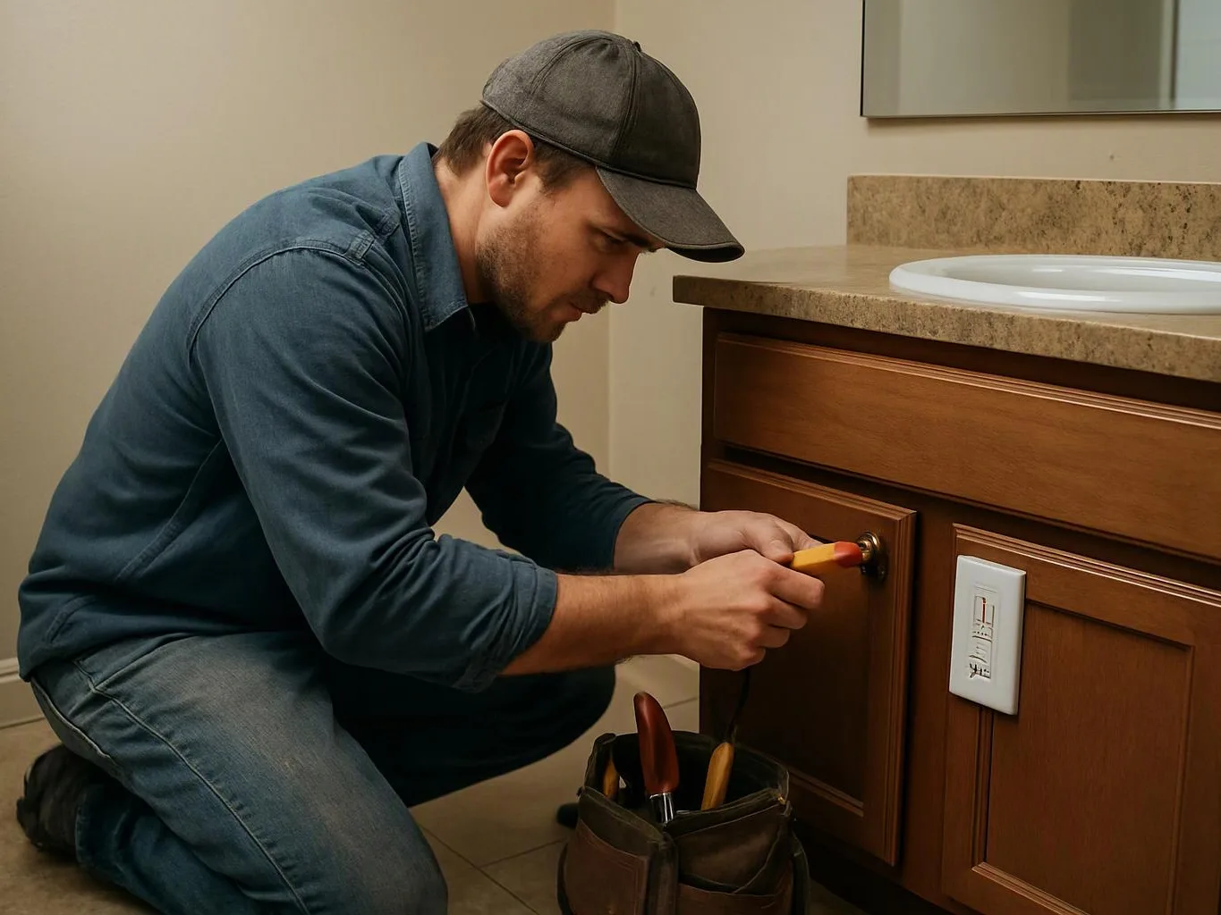A man kneels by a bathroom vanity, using a screwdriver to remove a cabinet knob