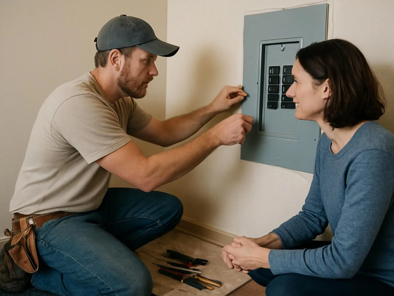 A man kneels beside an electrical panel while a woman watches in a bare room