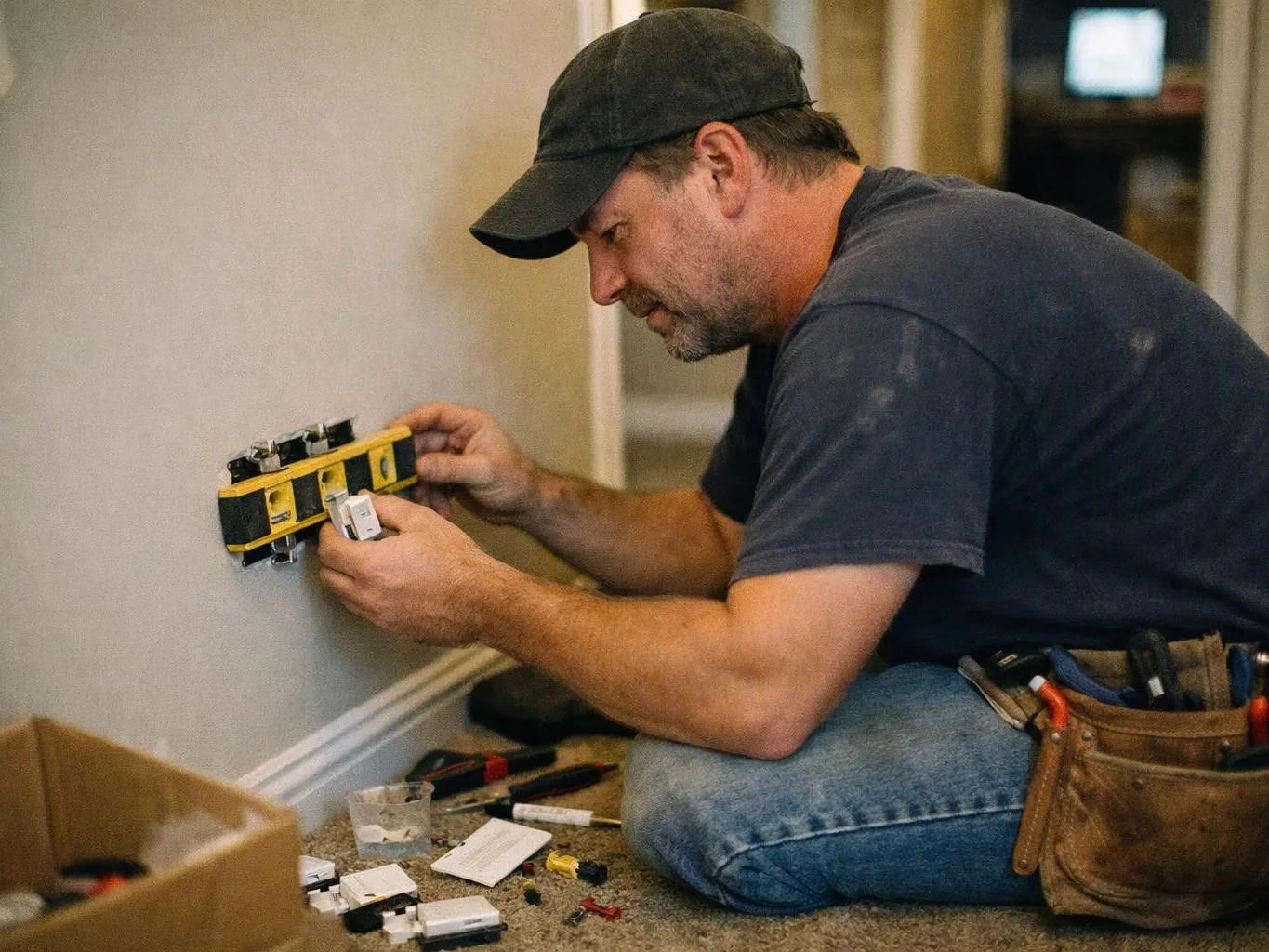 A man kneels on carpet, wiring a wall outlet with a yellow level and tools nearby