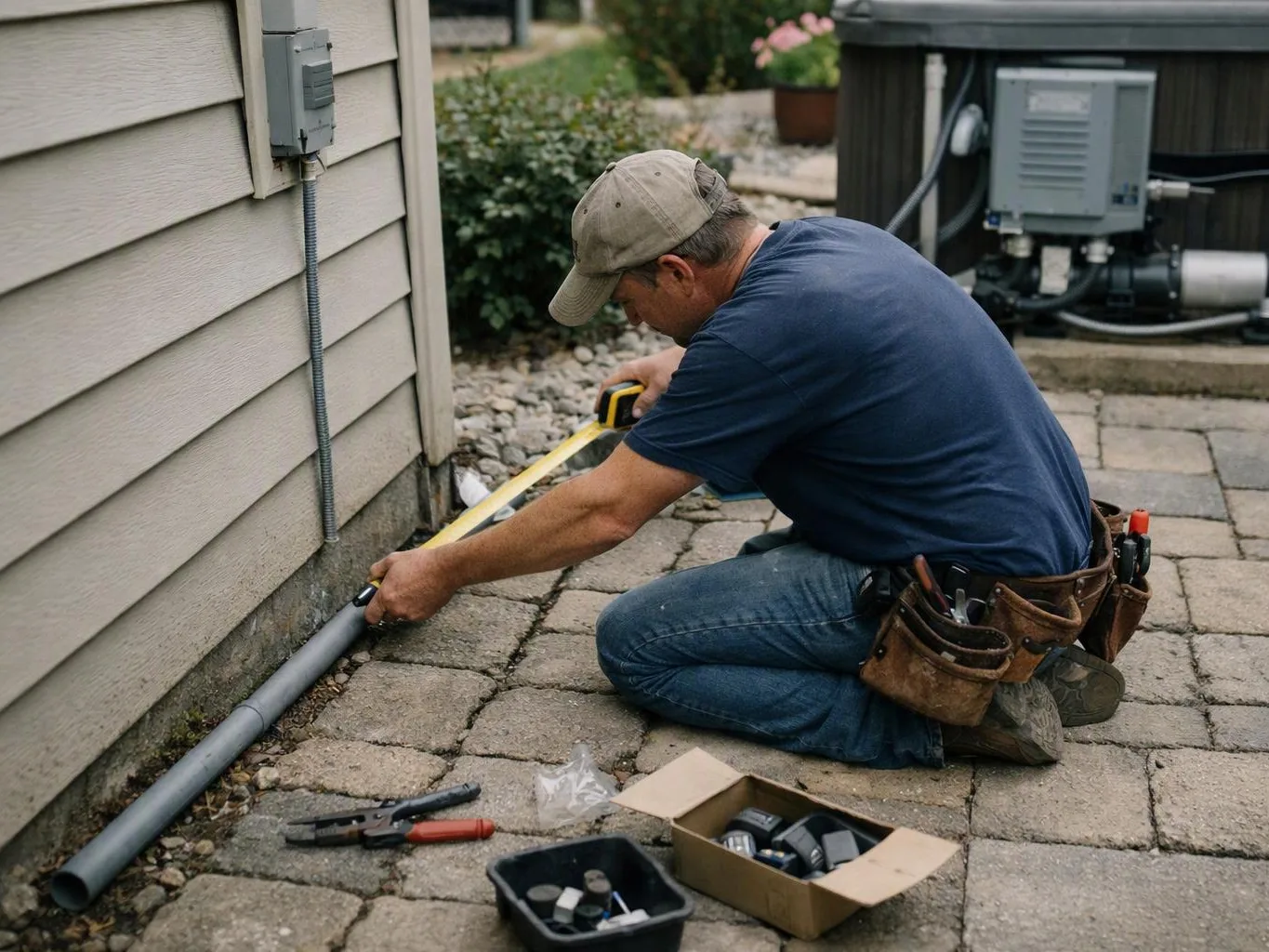 A man kneels by a house wall, measuring a gray pipe with a tape measure on a stone patio