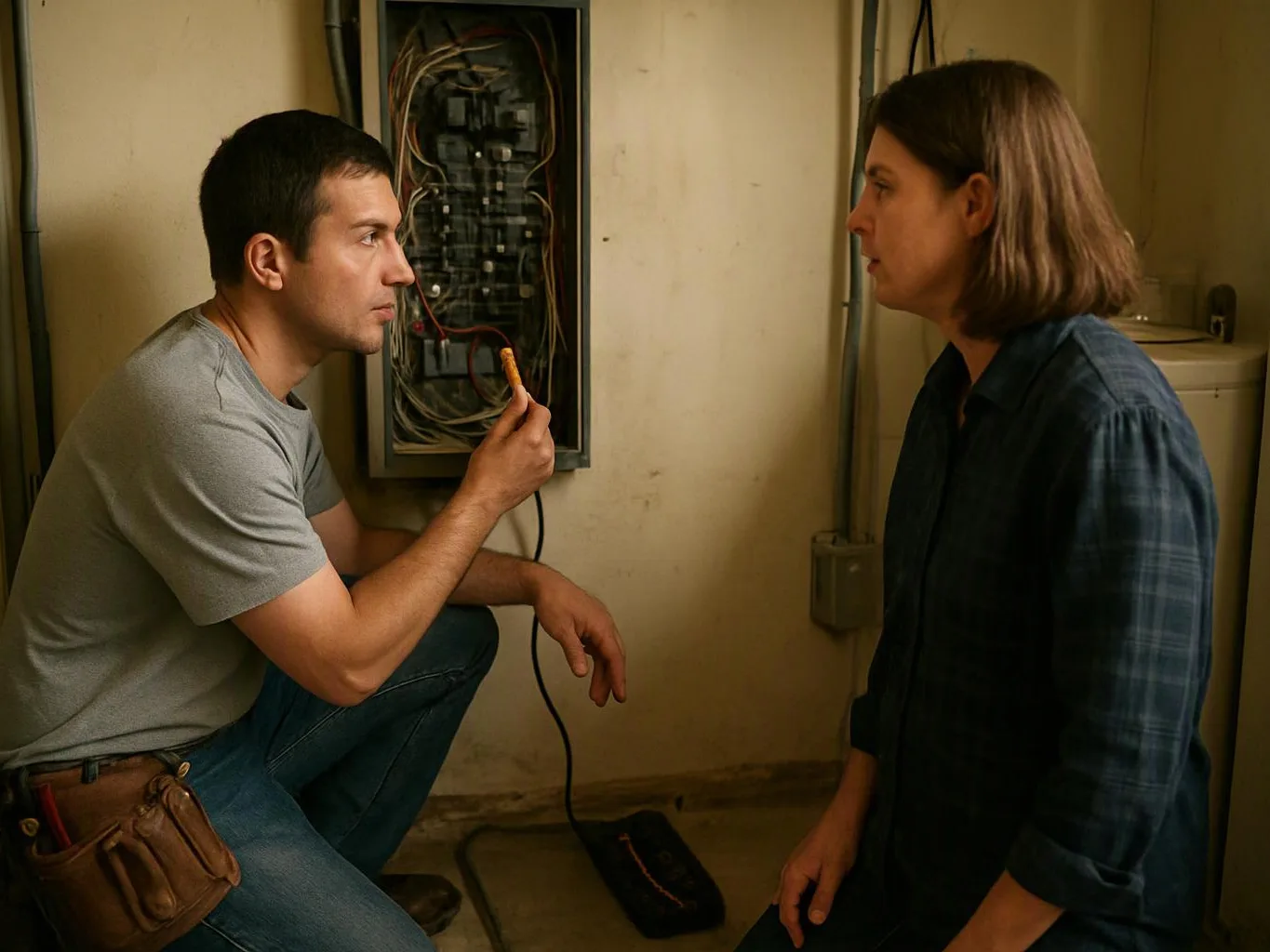 A man kneels by an open electrical panel while a woman faces him in a small utility room