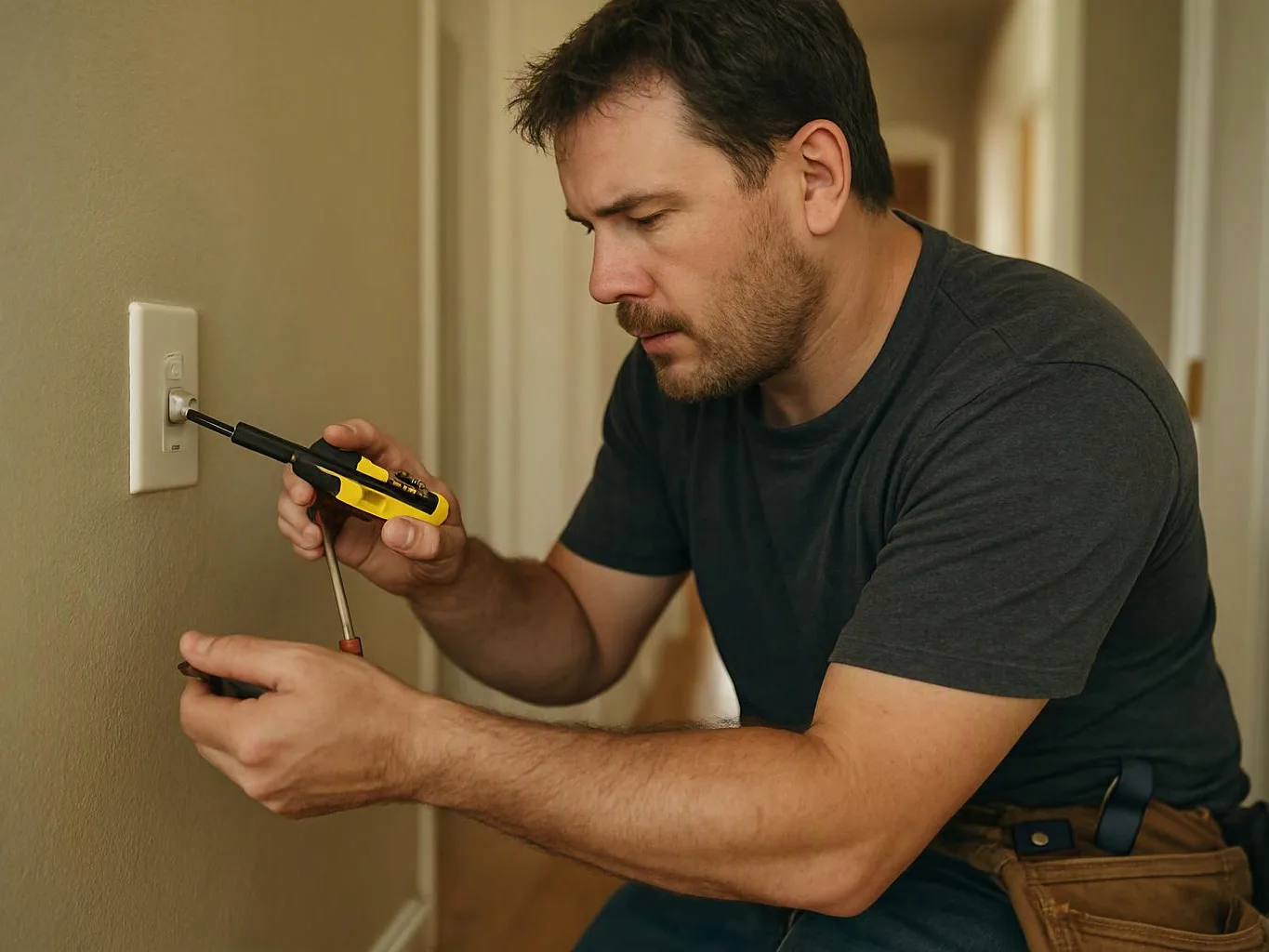 A man kneels by a wall outlet, using a screwdriver to adjust the cover plate in a hallway