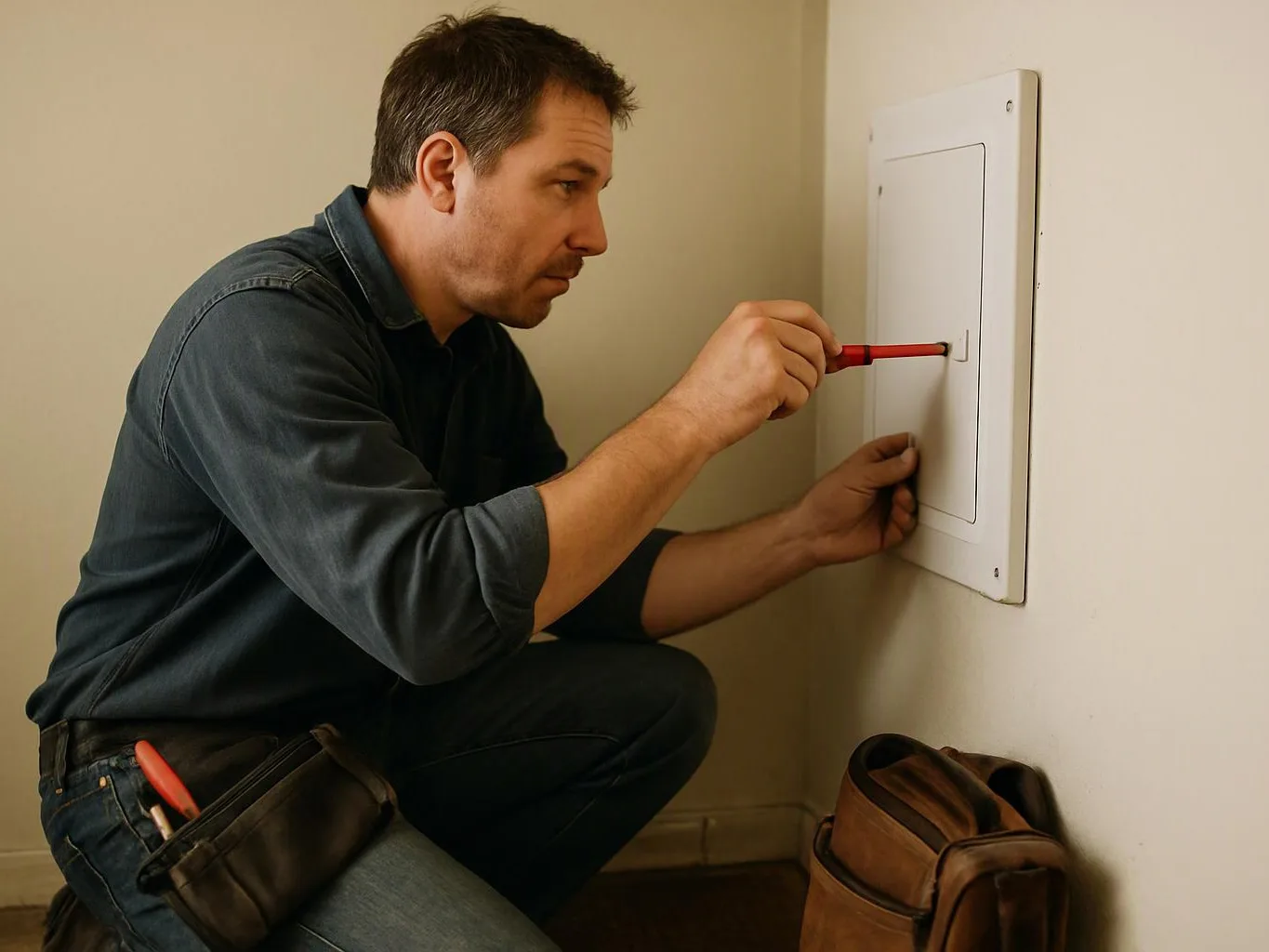 A man kneels by a wall panel, using a red screwdriver while wearing a tool pouch and carrying a brown bag