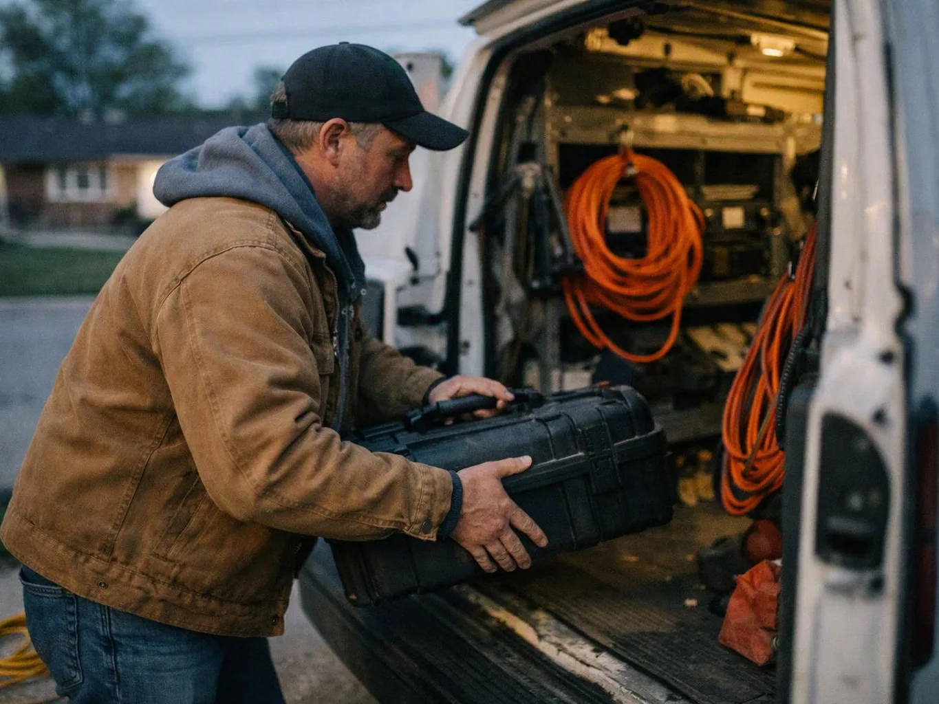 A man loads a black hard case into a van packed with orange cables and equipment