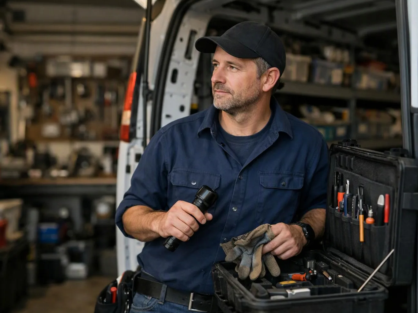 A man in a navy work shirt stands by an open van, holding a flashlight and gloves beside a tool case