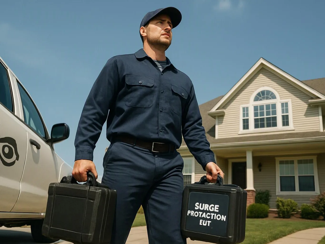 A man in a navy work uniform carries two black equipment cases beside a truck and a suburban house
