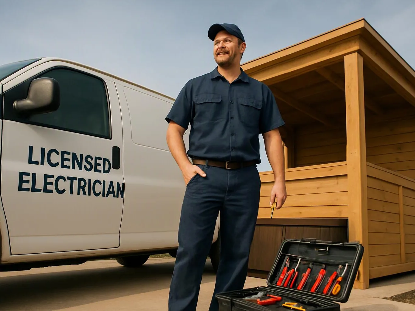 A man in a navy work uniform stands beside a van labeled “LICENSED ELECTRICIAN” near an open tool case