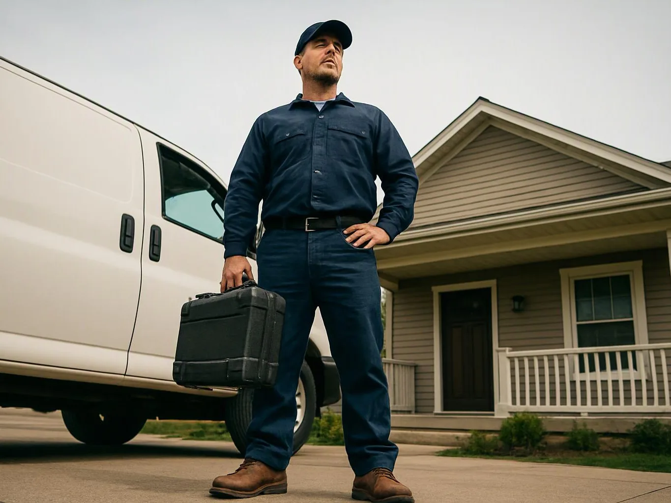 A man in a navy work uniform stands by a white van and holds a black case in front of a house