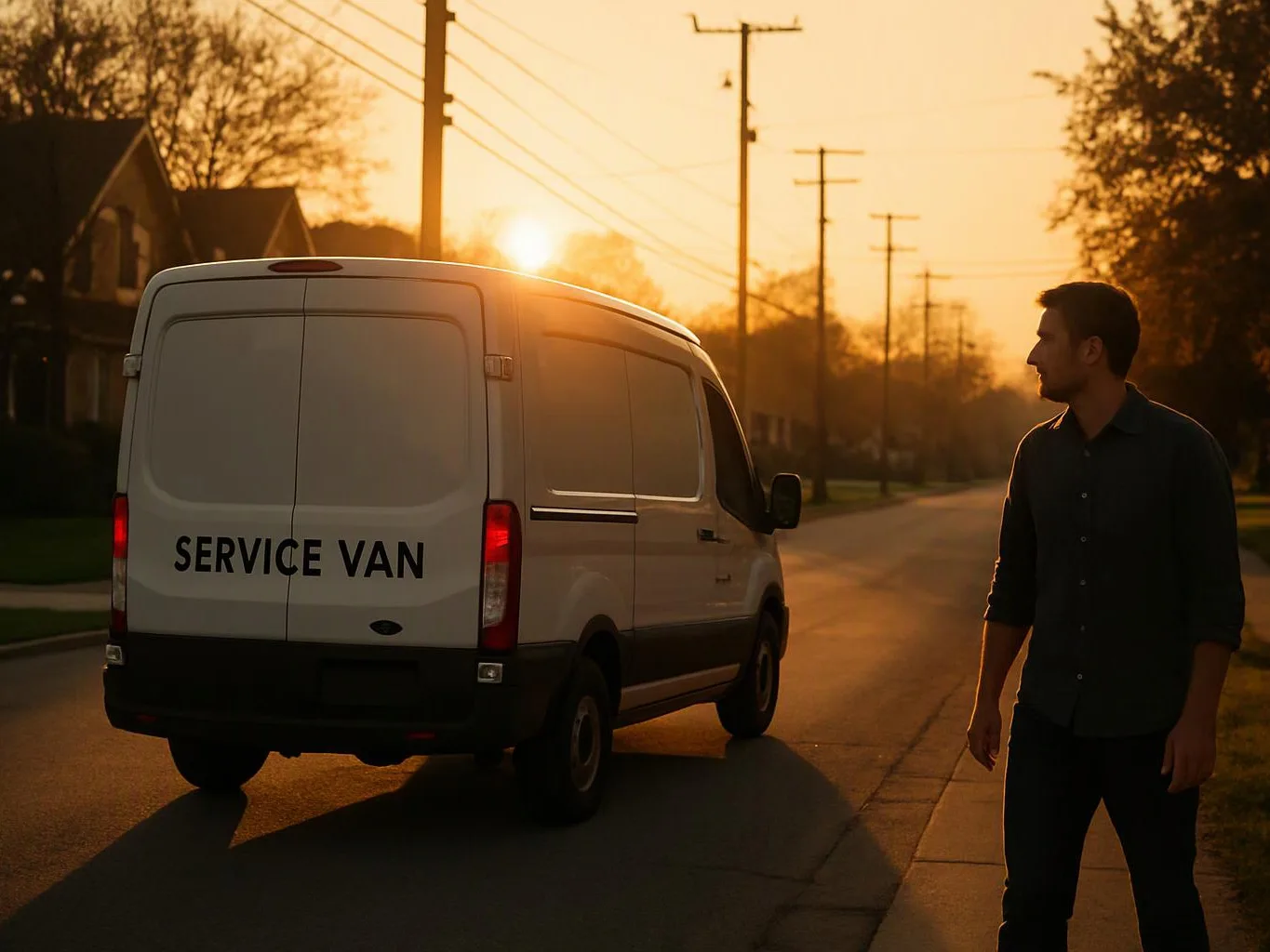 A man stands beside a white service van on a quiet street at sunset