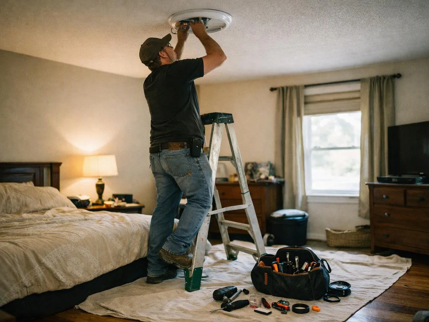 A man stands on a ladder fixing a ceiling light in a bedroom