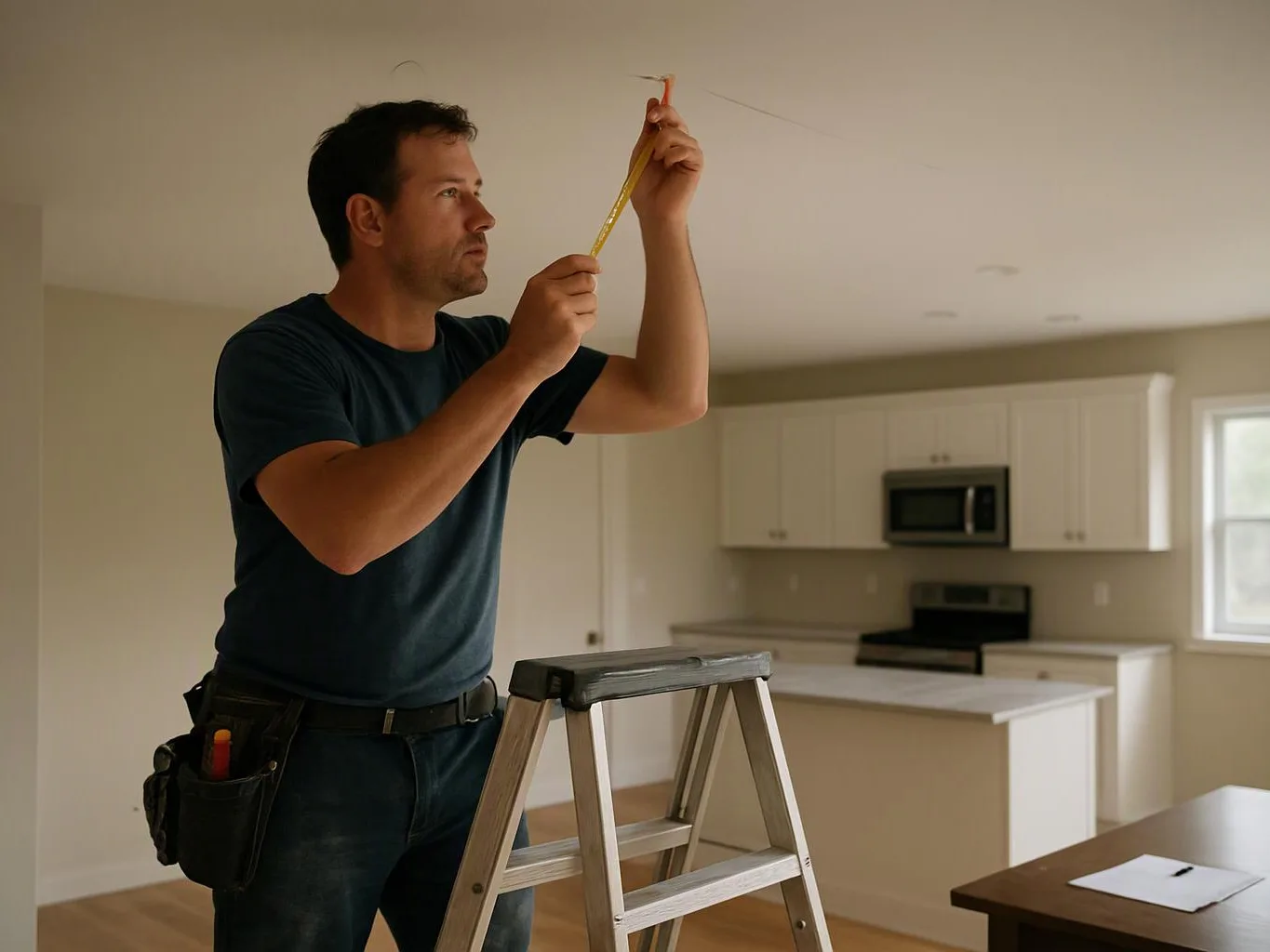 A man on a step ladder measures the ceiling in a bright kitchen with white cabinets