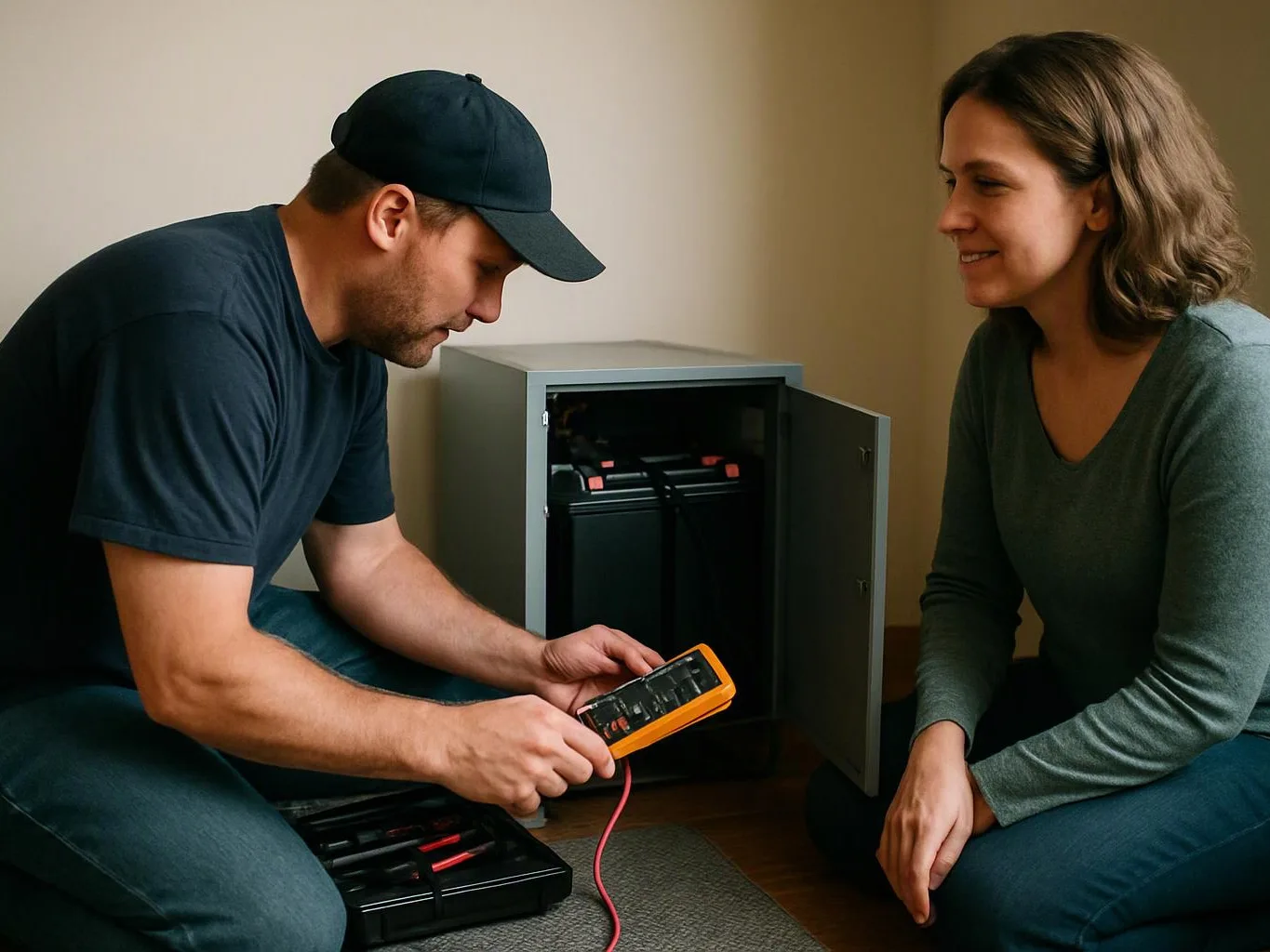 A man tests batteries with a meter while a woman watches beside an open cabinet in a room