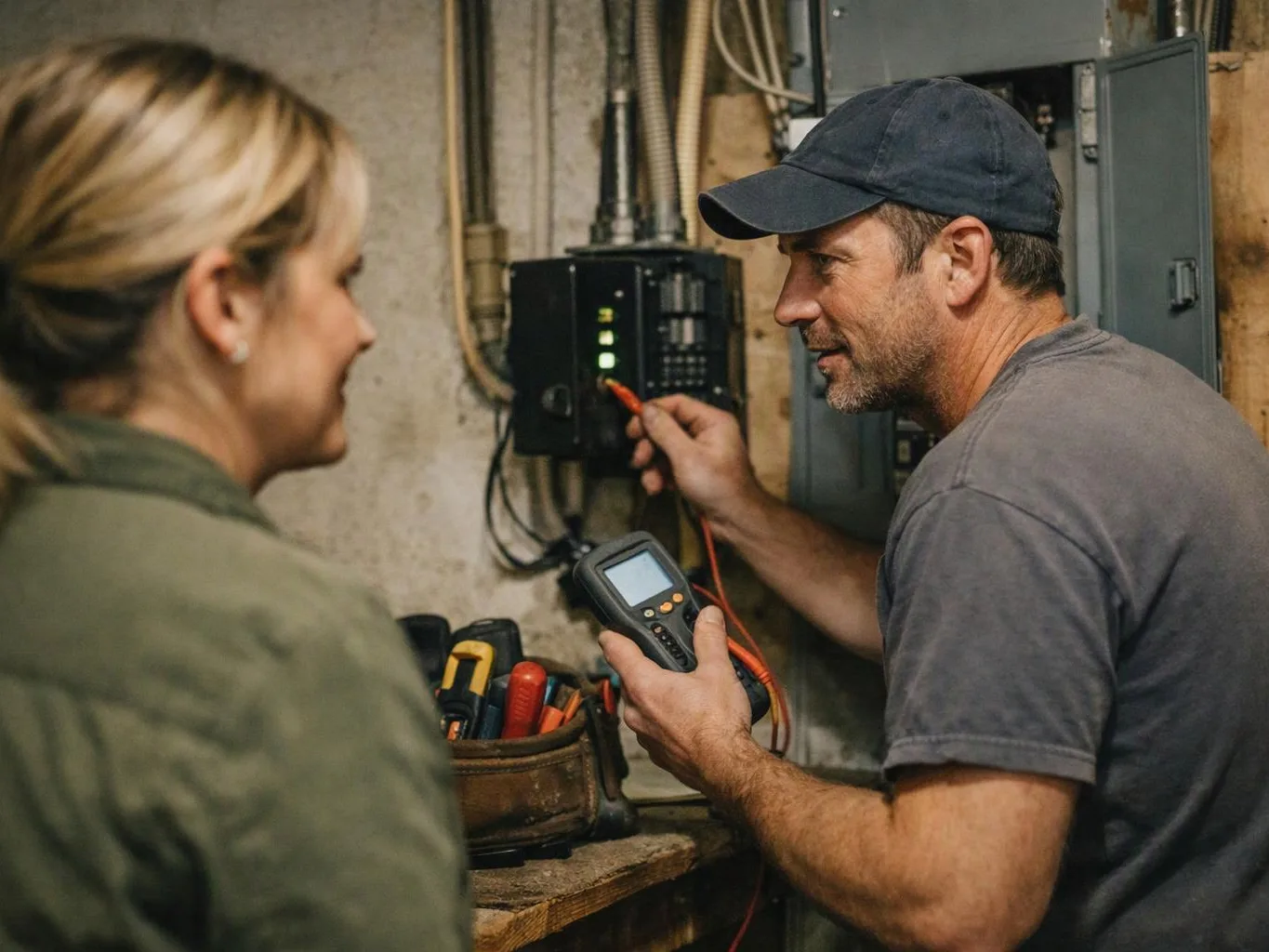 A man tests an electrical panel with a meter while a woman watches in a utility room