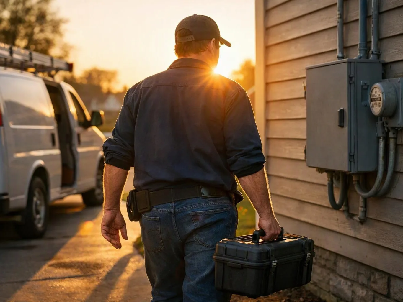 A man walks beside a house at sunset, carrying a black toolbox and passing a parked work van
