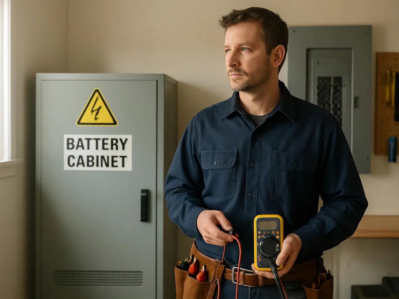 A man in a work shirt holds a multimeter beside a labeled battery cabinet in a utility room