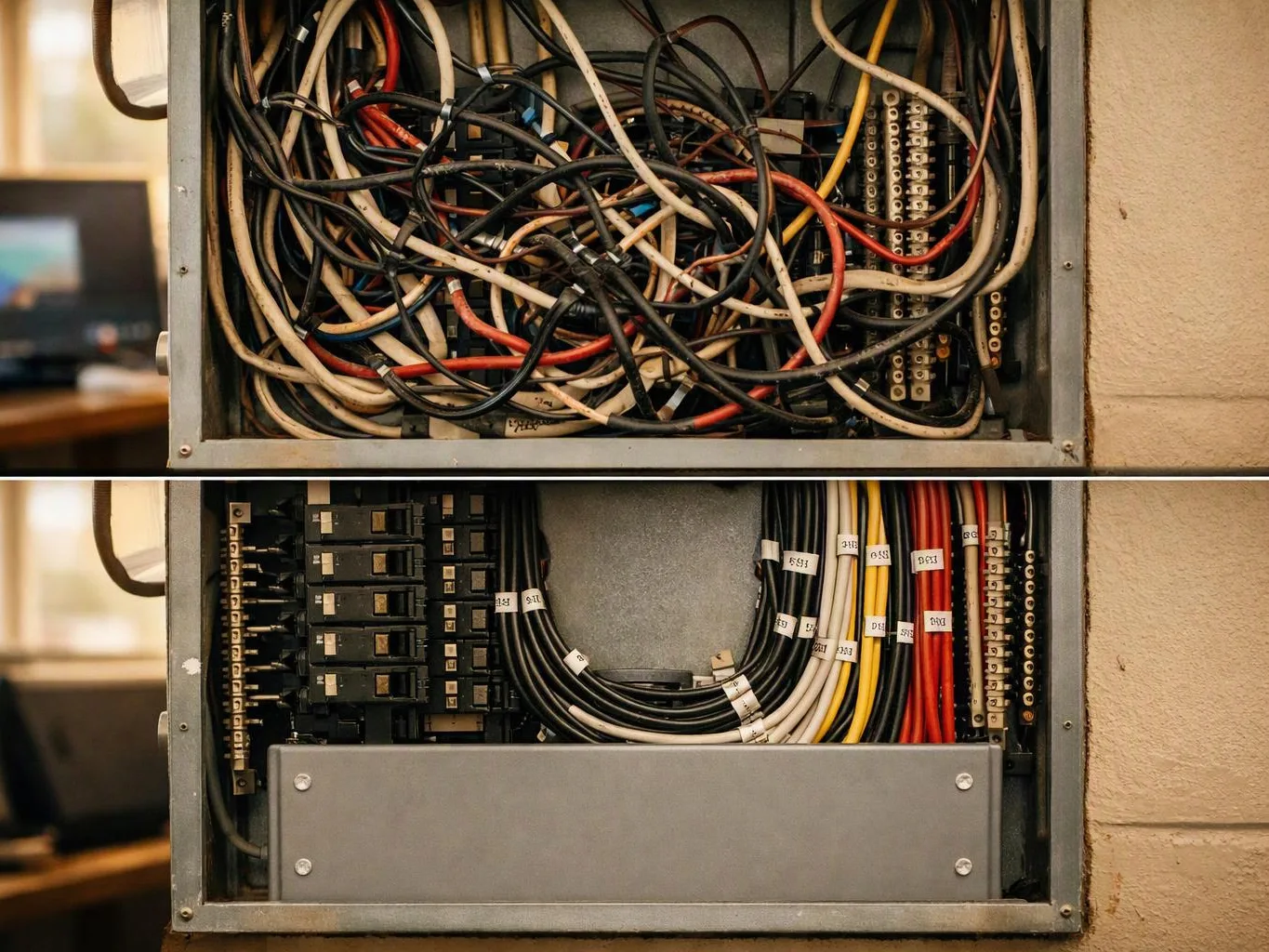 A messy electrical panel sits above a neatly wired panel with labeled cables and breaker switches