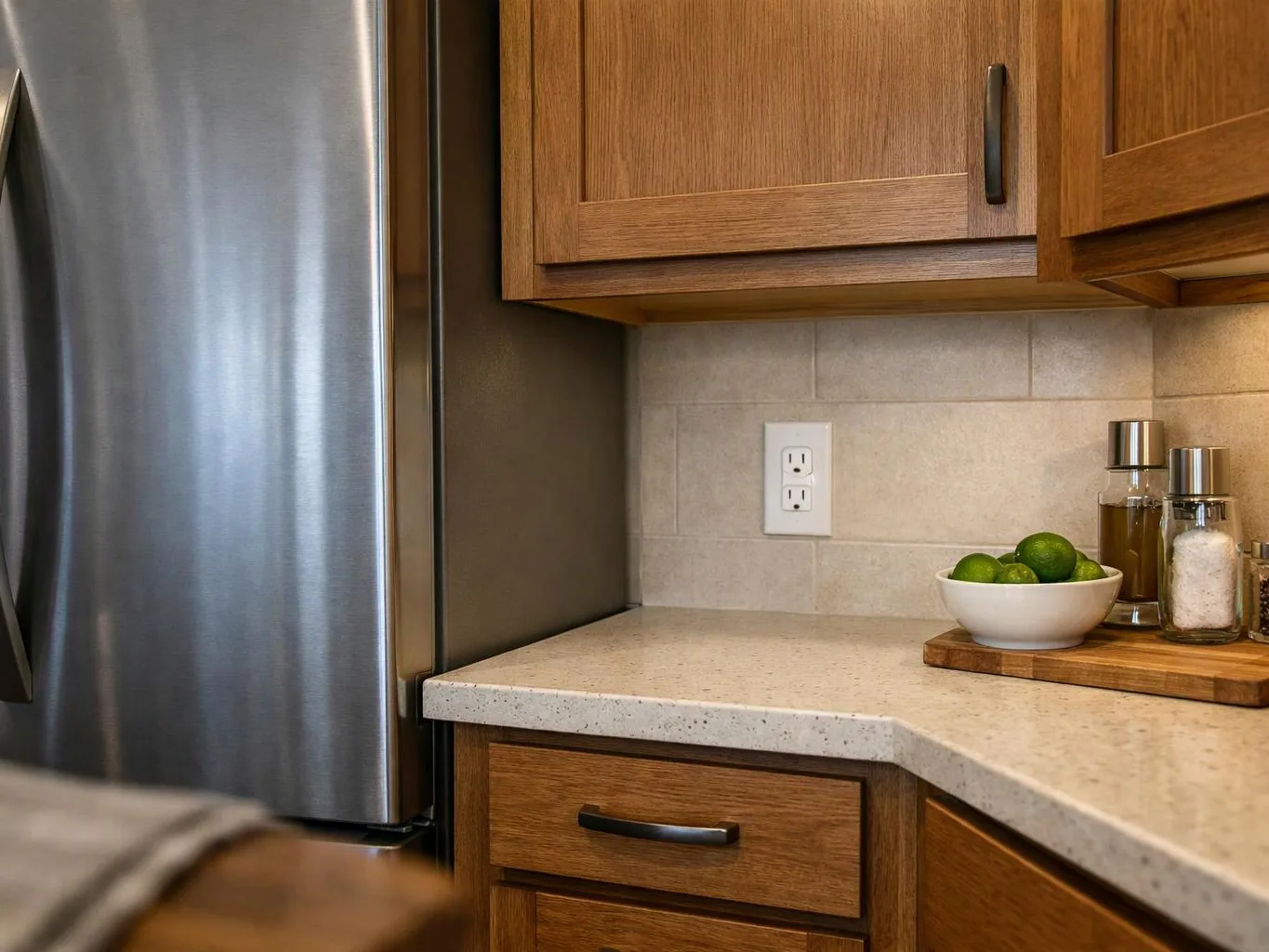 A modern kitchen corner shows a stainless refrigerator, wood cabinets, a pale countertop, and a bowl of limes on a tray
