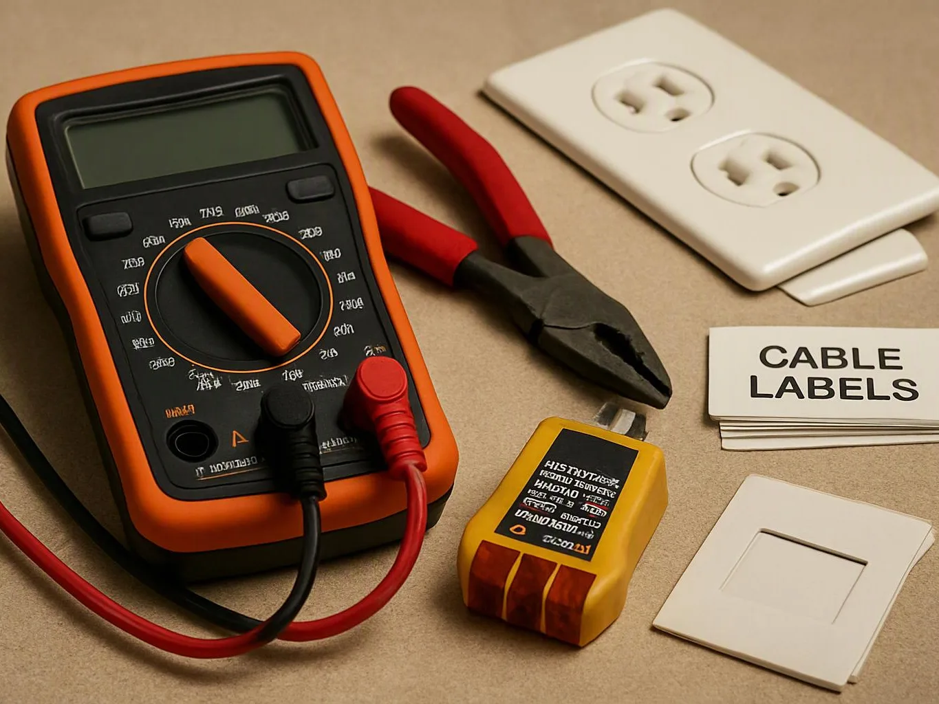 A multimeter, pliers, outlet covers, cable labels, and a small tester lie on a work surface
