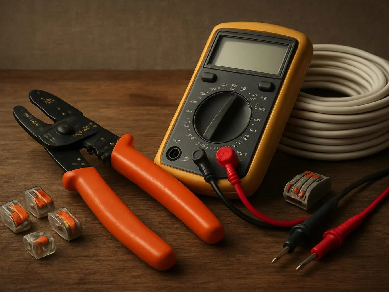 A multimeter, wire stripper, connectors, and test leads sit on a wooden table