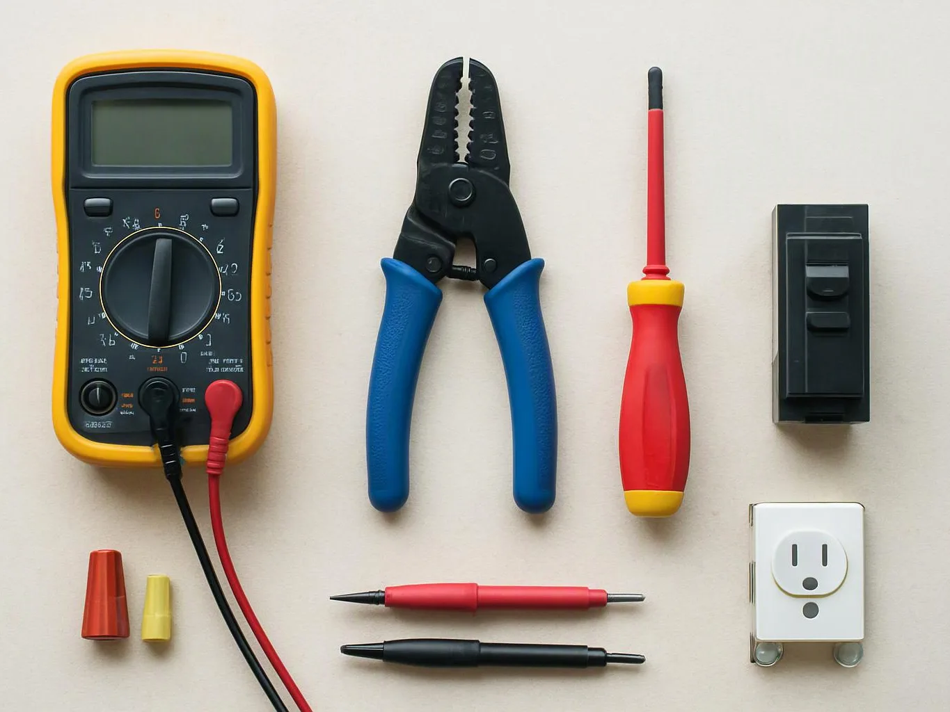 A multimeter, wire stripper, screwdriver, outlet tester, and small connectors are arranged on a light surface