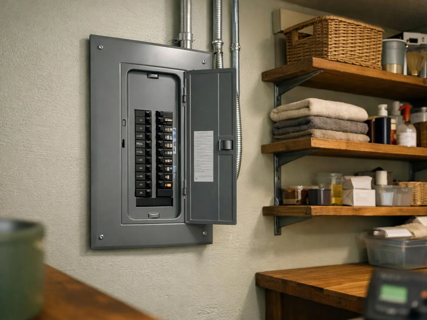 An open electrical breaker panel hangs beside wooden shelves with folded towels, baskets, and small containers