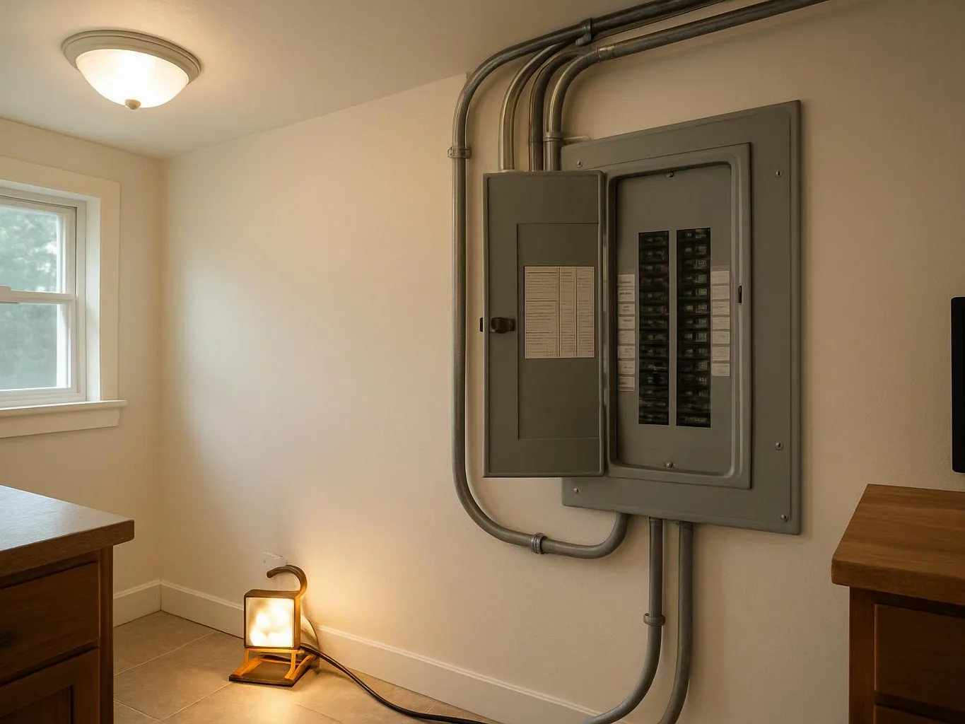 An open electrical breaker panel with metal conduit sits on a beige wall beside a window and floor lamp