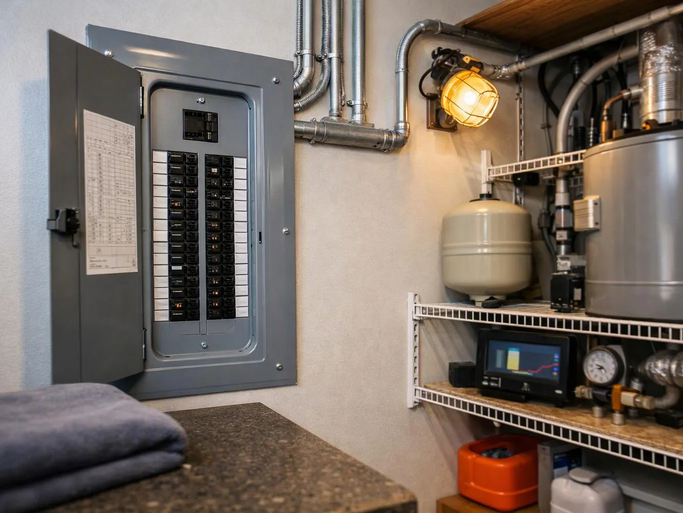 Open electrical panel beside pipes, tanks, and gauges in a utility room