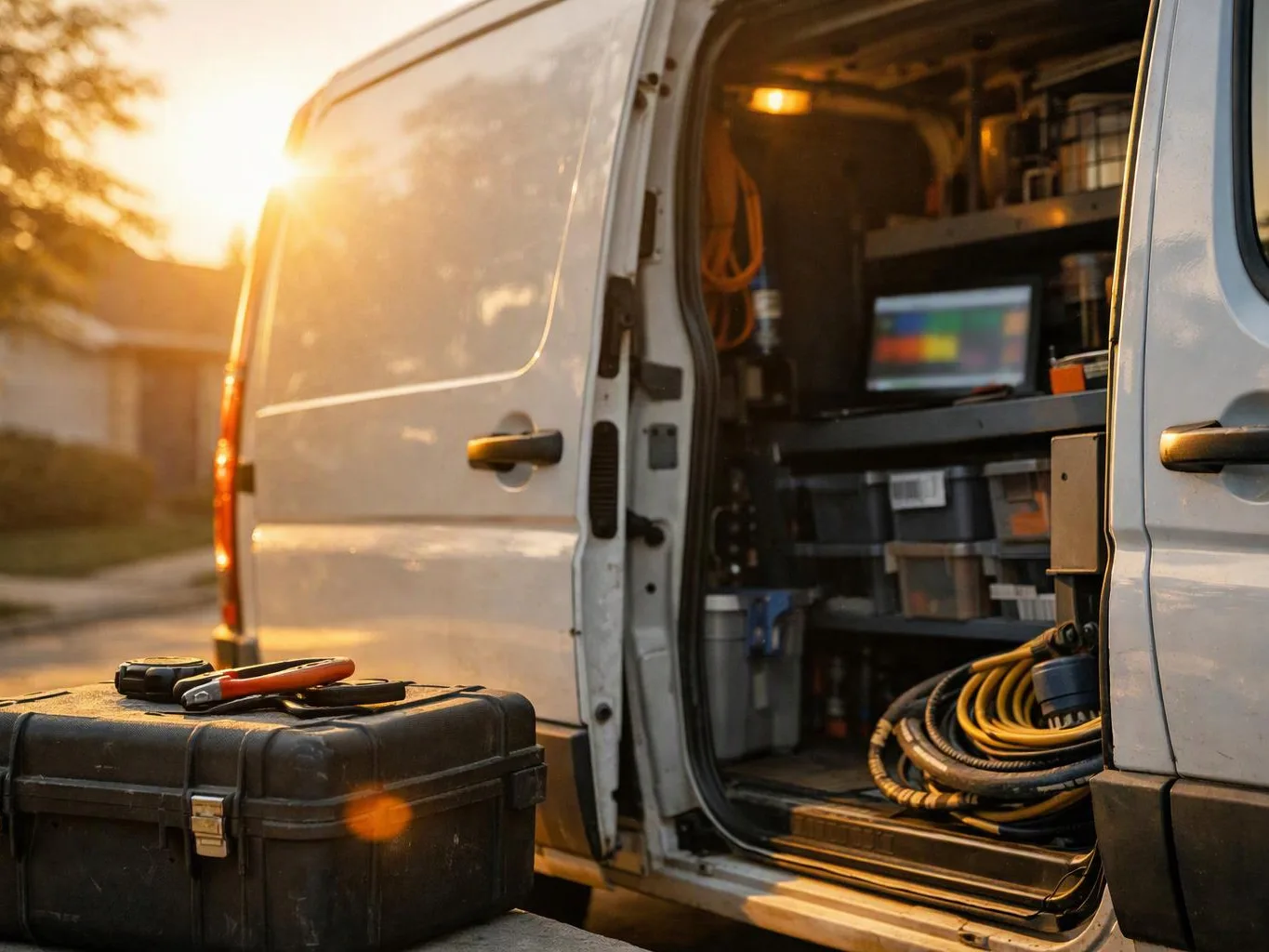 An open white work van reveals shelves, coiled hoses, and a monitor, with a black toolbox in front