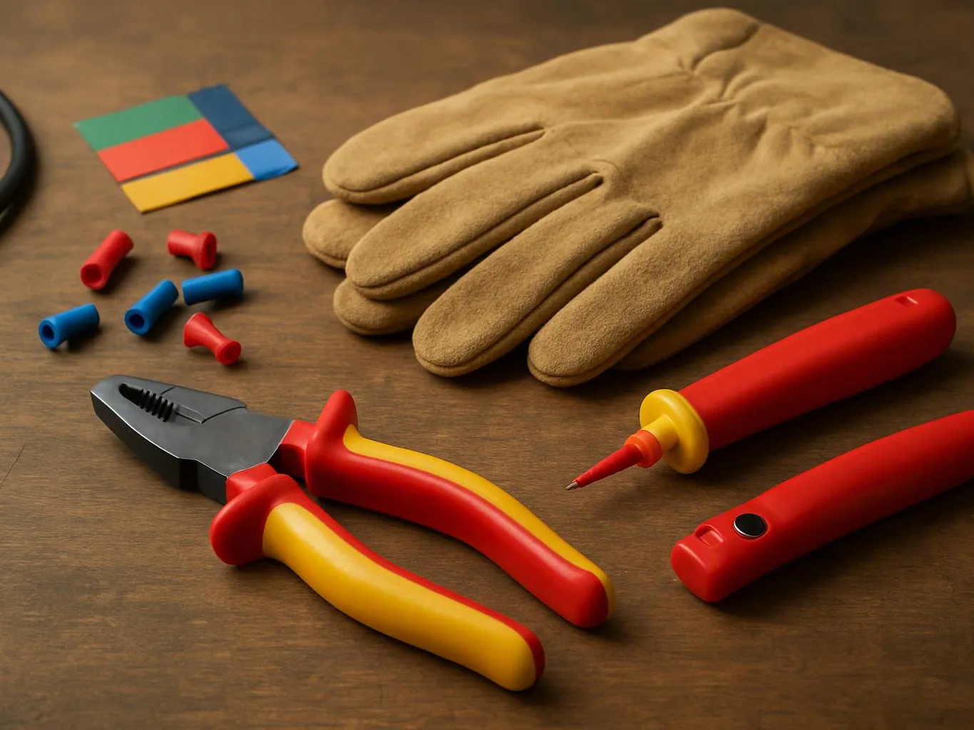 A pair of work gloves sits beside pliers, a tester pen, wire connectors, and colored tape on a wooden table
