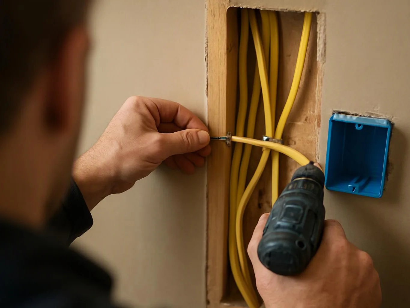 A person drills into a wall cavity beside yellow cables and a blue electrical box