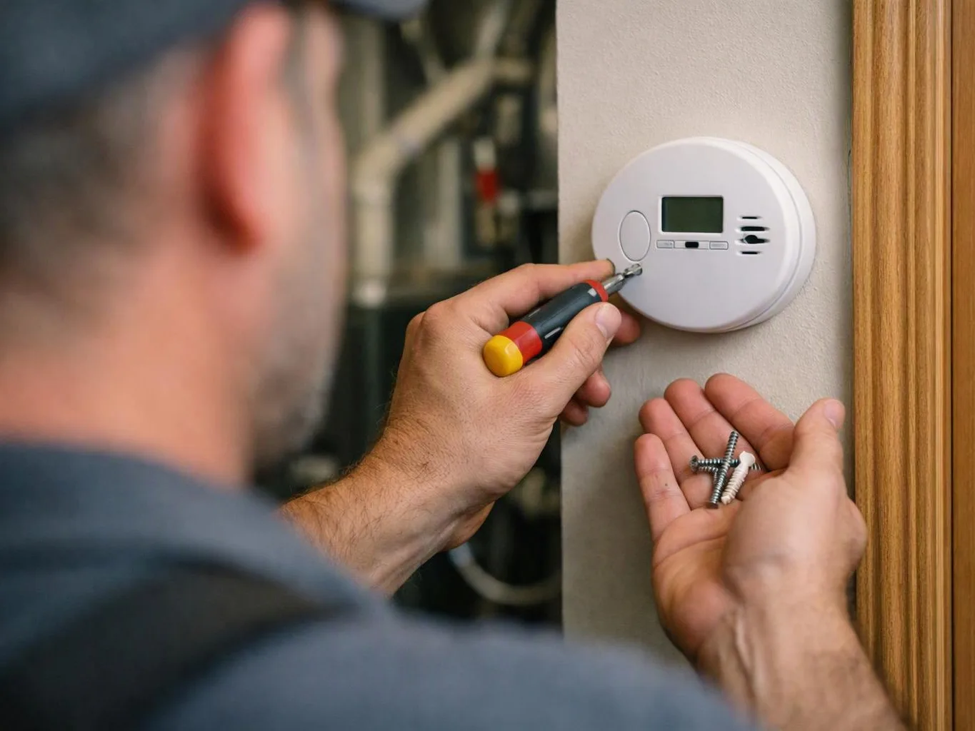 A person holds a screwdriver and screws while mounting a round white thermostat on a wall