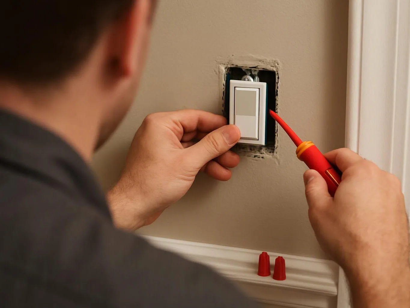 A person installs a light switch plate while holding a red screwdriver against a beige wall