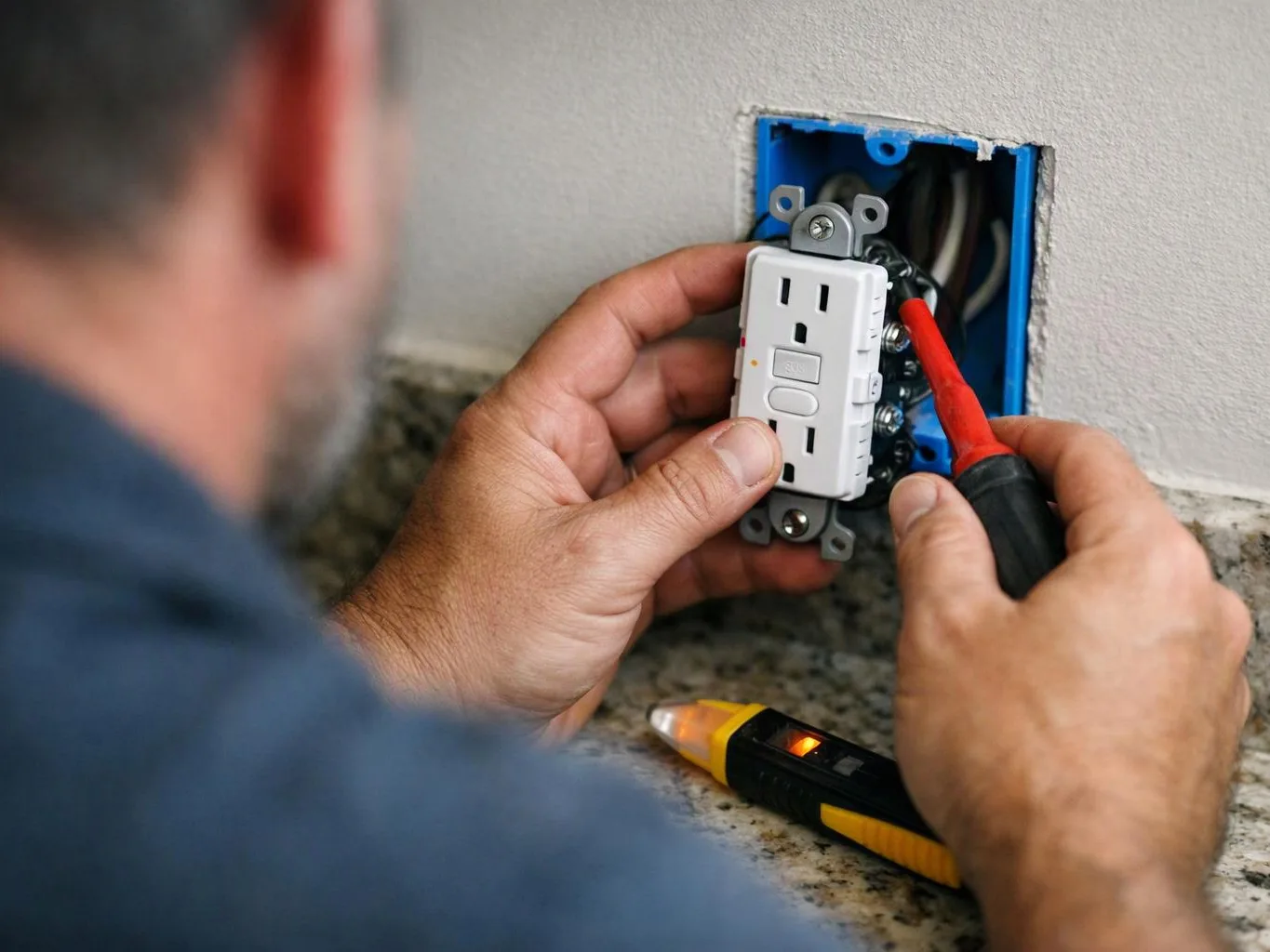 A person installs a wall outlet with a screwdriver beside an open electrical box on a countertop