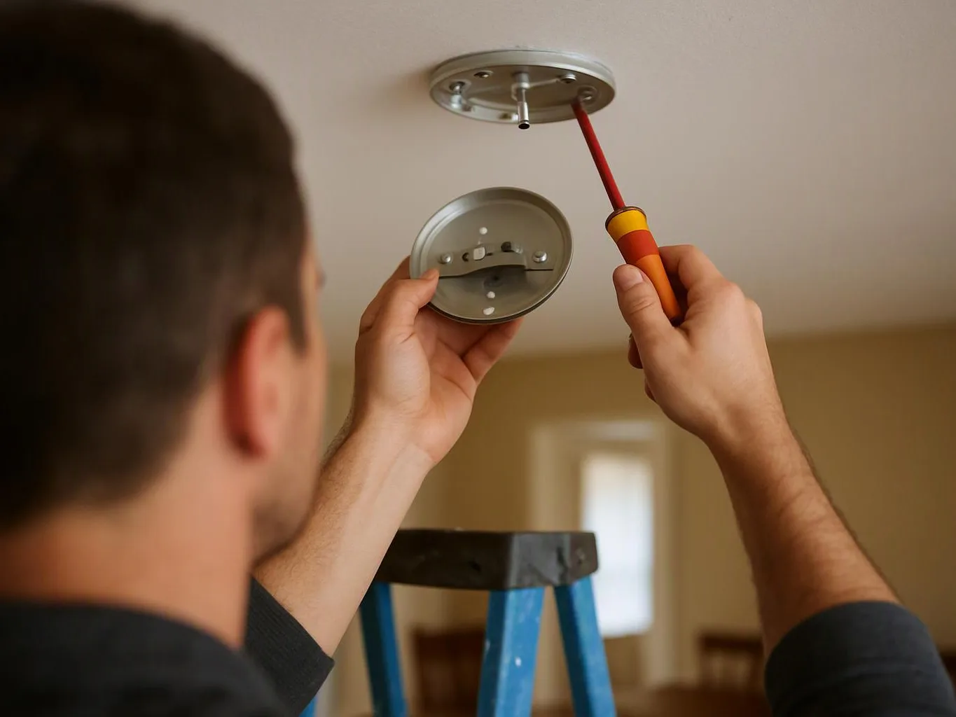 A person on a ladder installs a round ceiling light fixture with a screwdriver